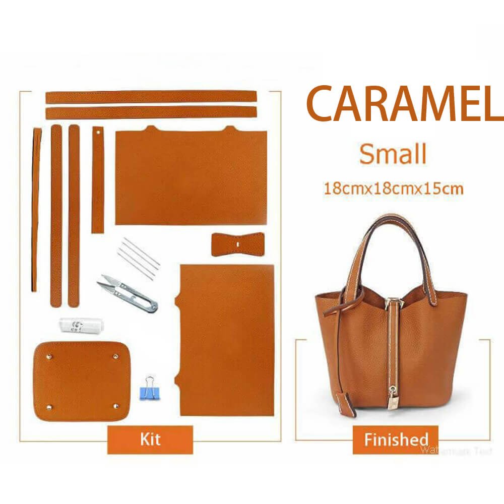 Unlined Leather Picotin Bag DIY Kit - Babylon Leather - Babylon LeatherBabylon LeatherSY01-Unlined-Caramel-Small-Gold & White