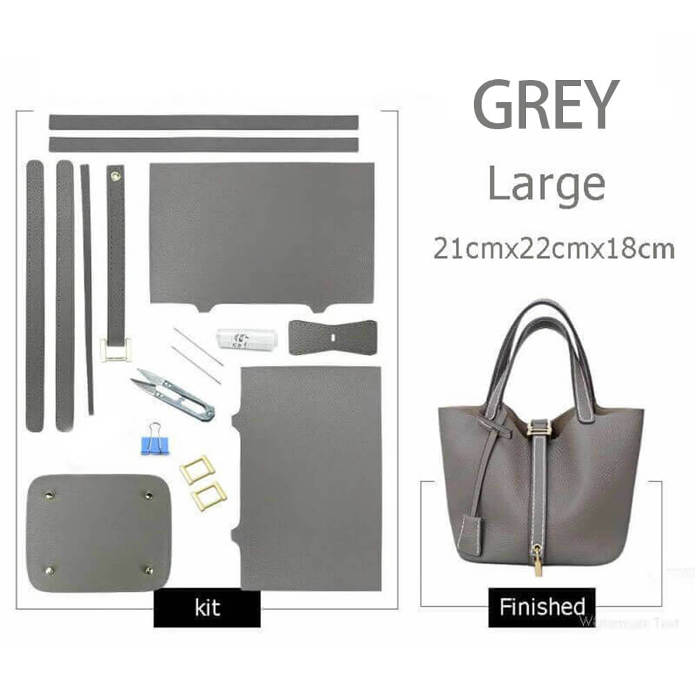 Unlined Leather Picotin Bag DIY Kit - Babylon Leather - Babylon LeatherBabylon LeatherSY01-Unlined-Grey-Large-Gold & White