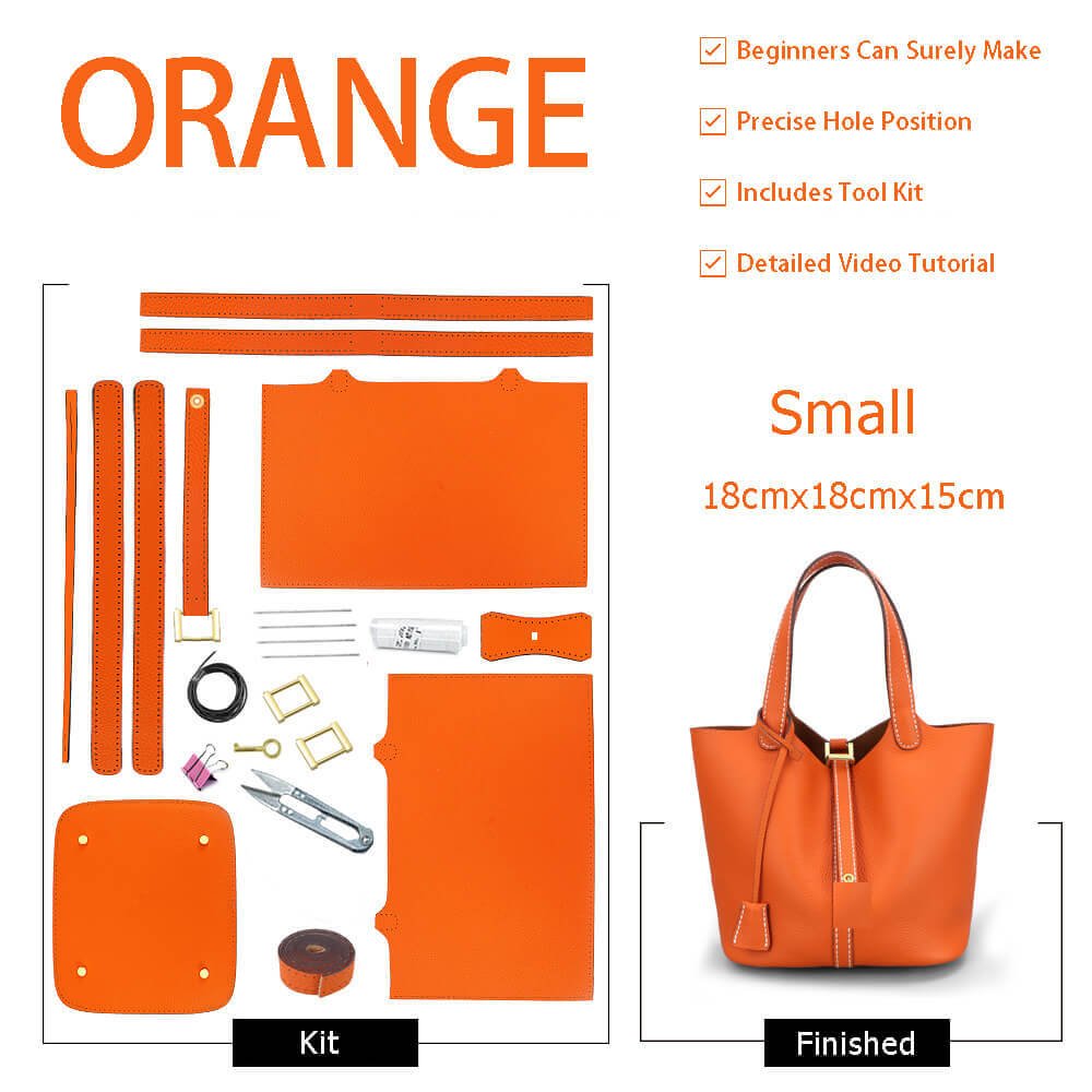 Unlined Leather Picotin Bag DIY Kit - Babylon Leather - Babylon LeatherBabylon LeatherSY01-Unlined-Orange-Small-Gold & Color-Matched