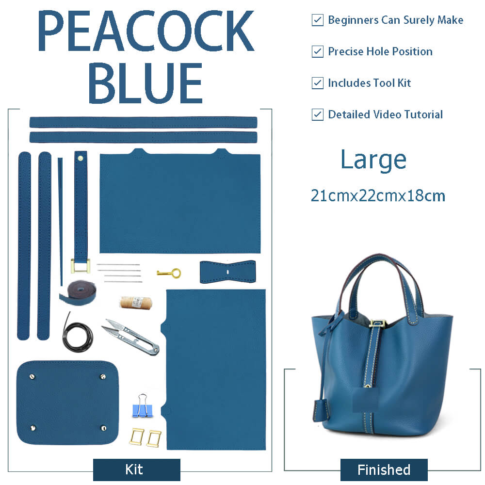 Unlined Leather Picotin Bag DIY Kit - Babylon Leather - Babylon LeatherBabylon LeatherSY01-Unlined-Peacock Blue-Large-Gold & Color-Matched