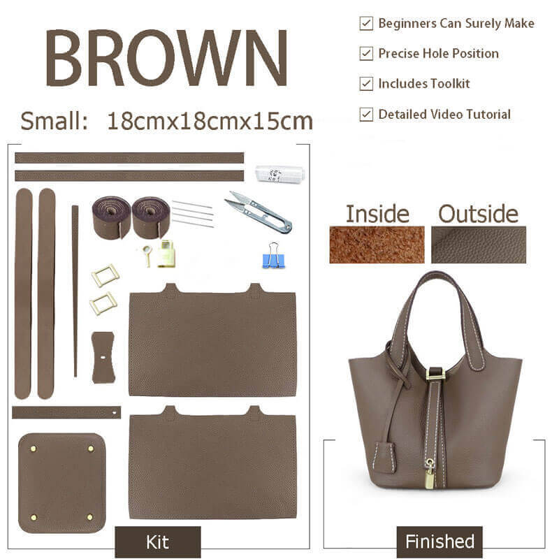 Unlined Togo Leather Picotin Bag DIY Kit – Babylon Leather - Babylon LeatherBabylon LeatherSY40-Brown-Unlined & Small-Gold & White