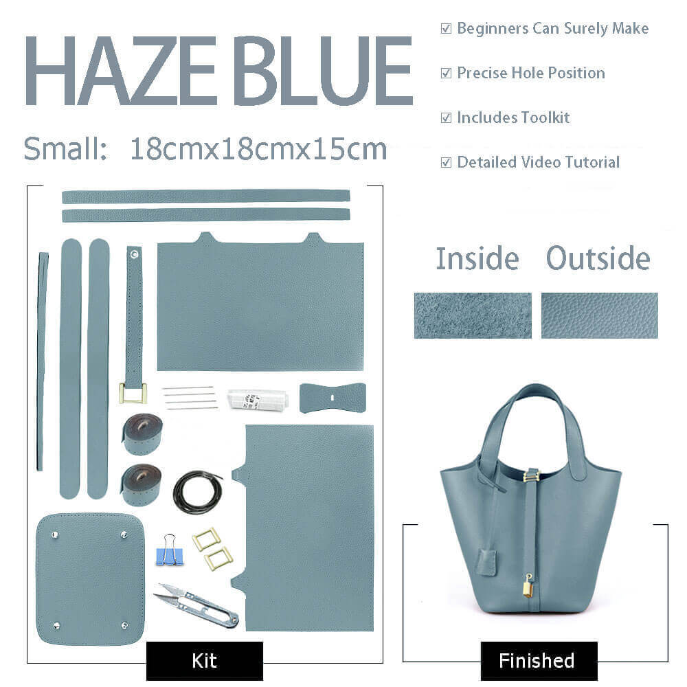 Unlined Togo Leather Picotin Bag DIY Kit – Babylon Leather - Babylon LeatherBabylon LeatherSY40-Haze Blue-Unlined & Small-Gold & White