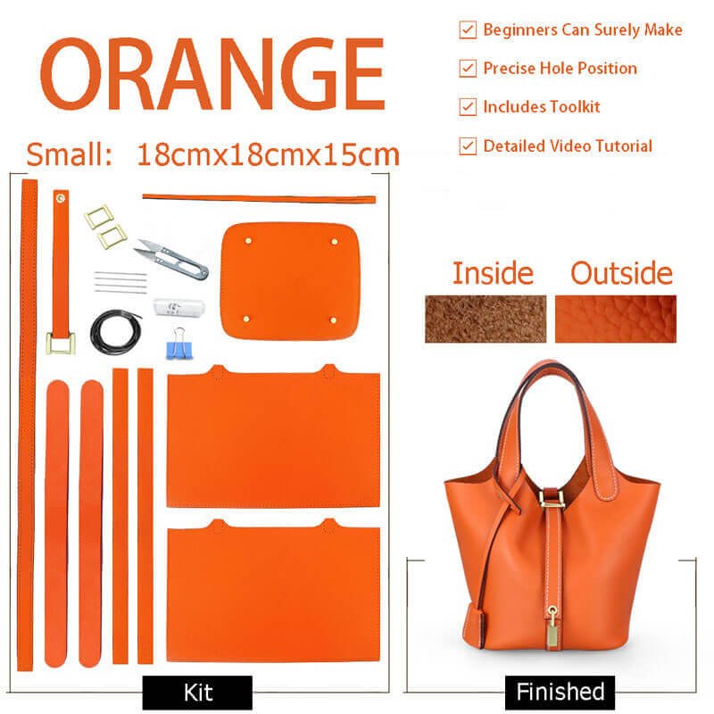 Unlined Togo Leather Picotin Bag DIY Kit – Babylon Leather - Babylon LeatherBabylon LeatherSY40-Orange-Unlined & Small-Gold & White