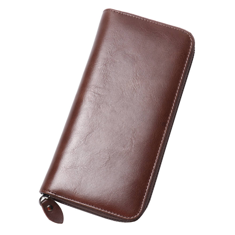 Vintage Oil - Waxed Top - Grain Leather Long Zipper Clutch Wallet – Babylon Leather - Babylon LeatherBabylon LeatherLJ147-Coffee