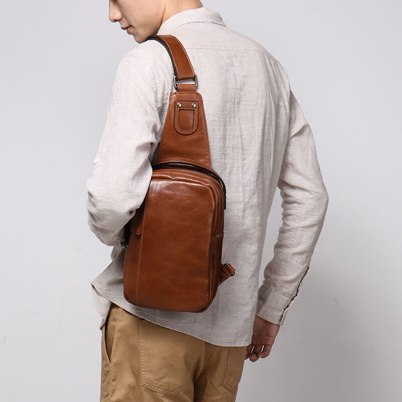 Vintage Top Grain Leather Men’s Sling Bag – Babylon Leather - Babylon LeatherBabylon LeatherLJ103-Brown