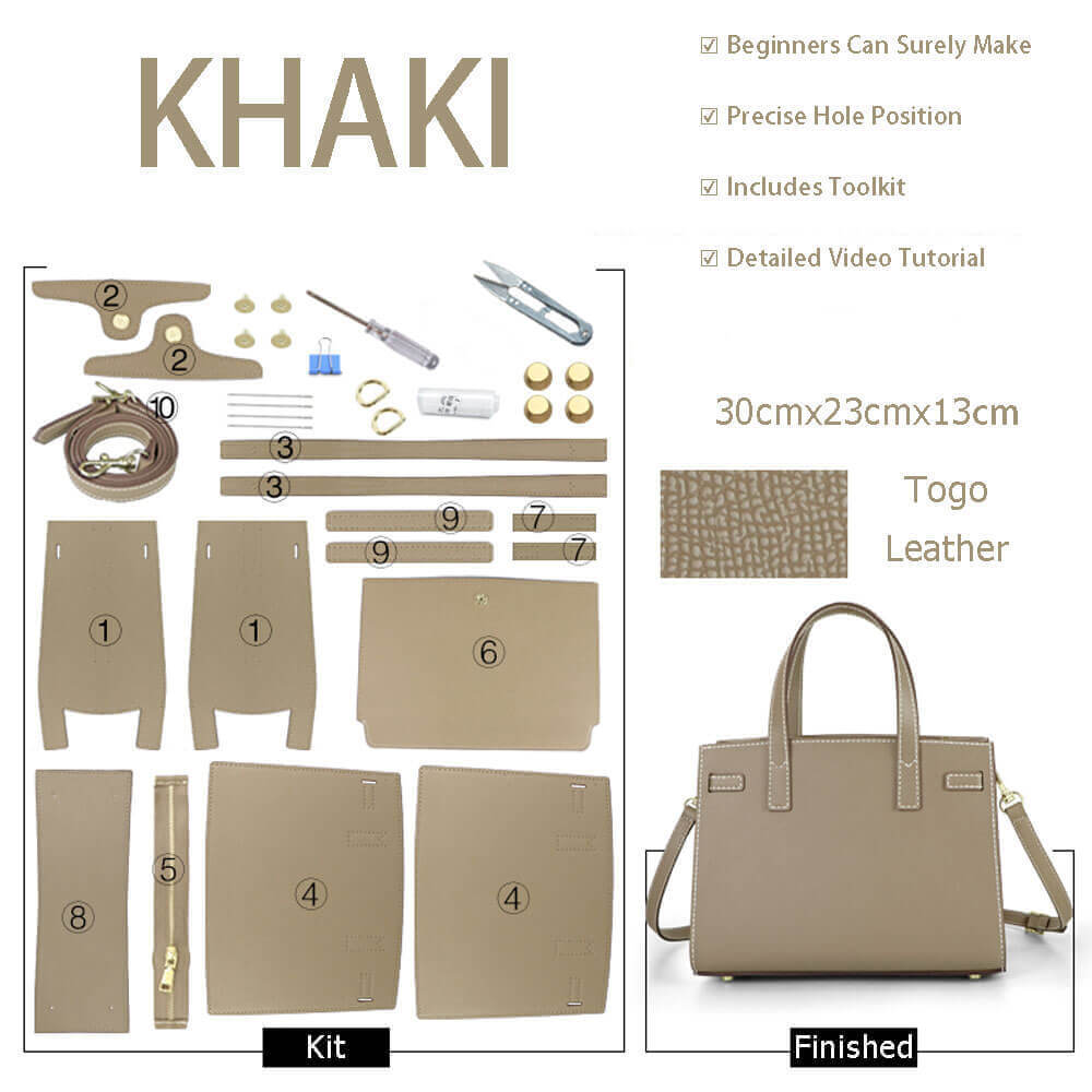 Walker Satchel Leather Bag DIY Kit – Babylon Leather - Babylon LeatherBabylon LeatherSY95-Khaki-Epsom Leather-White