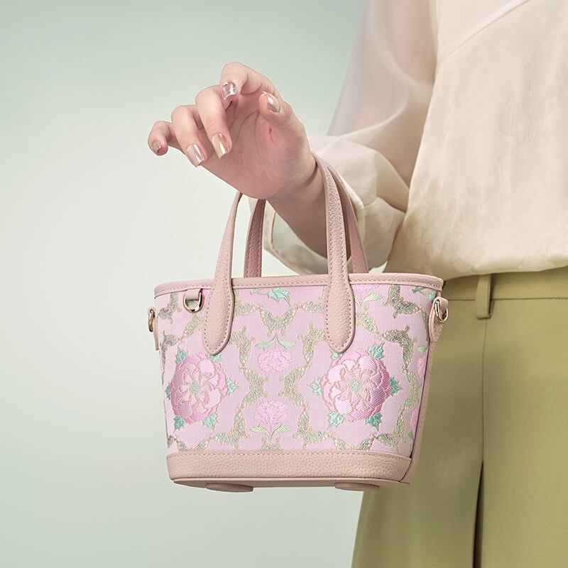 Whispering Bloom Leather and Silk Handbag Tote Bag – Babylon Leather - Babylon LeatherBabylon LeatherTX115-Pink
