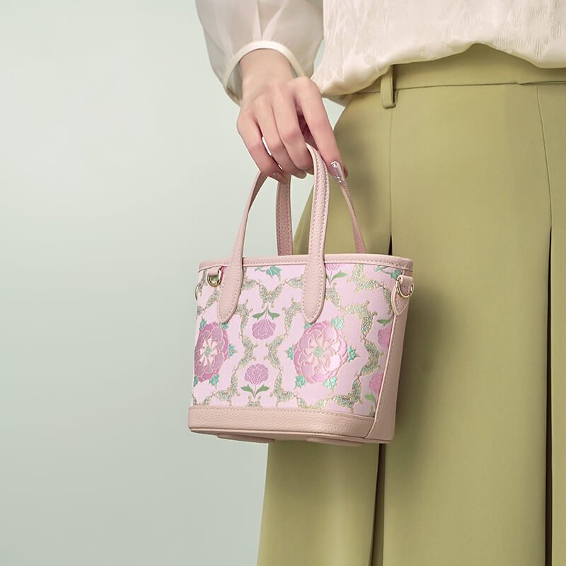 Whispering Bloom Leather and Silk Handbag Tote Bag – Babylon Leather - Babylon LeatherBabylon LeatherTX115-Pink