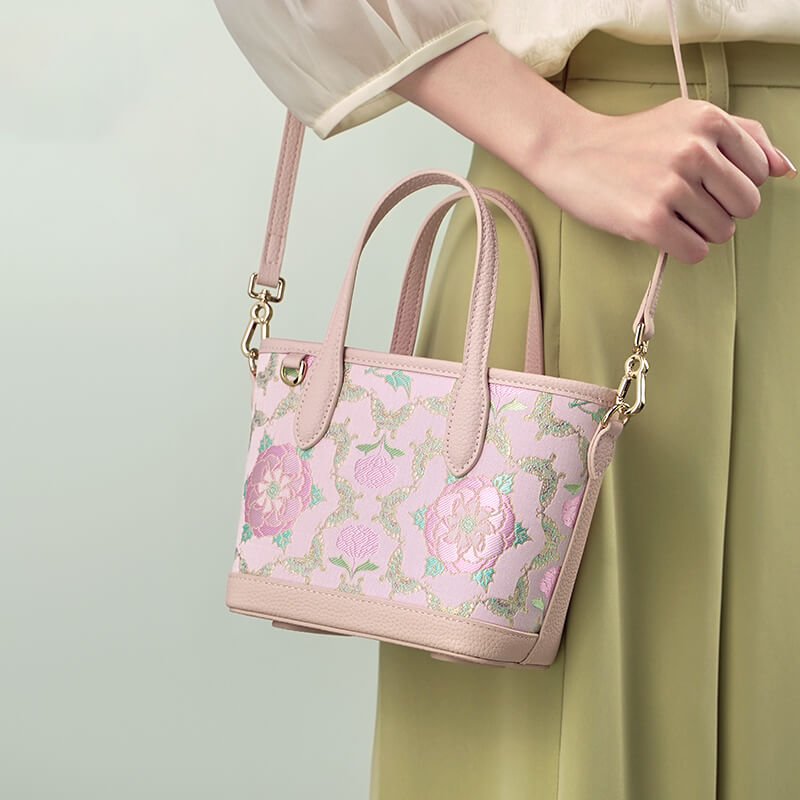 Whispering Bloom Leather and Silk Handbag Tote Bag – Babylon Leather - Babylon LeatherBabylon LeatherTX115-Pink