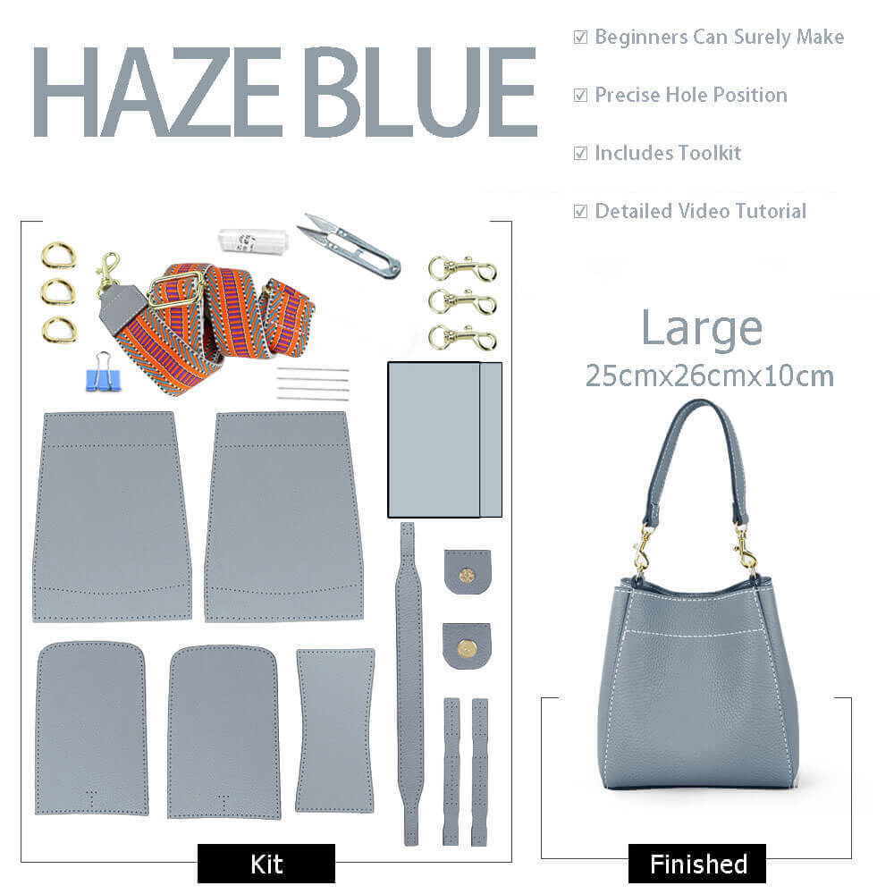 Women’s Leather Bucket Bag DIY Kit – Babylon Leather - Babylon LeatherBabylon LeatherSY13 - Haze Blue - Large - White