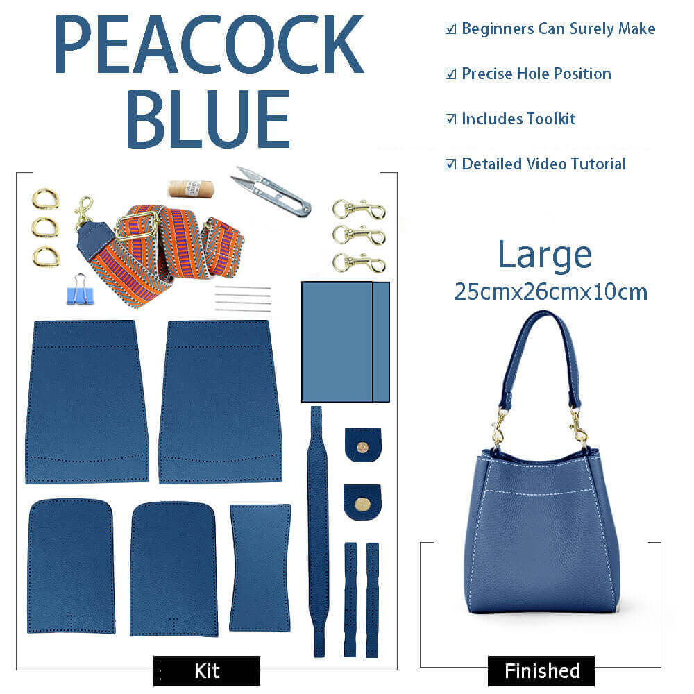 Women’s Leather Bucket Bag DIY Kit – Babylon Leather - Babylon LeatherBabylon LeatherSY13 - Peacock Blue - Large - Beige