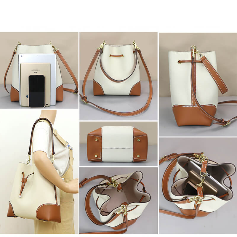 Women’s Leather Drawstring Bucket Bag DIY Kit – Babylon Leather - Babylon LeatherBabylon LeatherSY139-White & Caramel-White