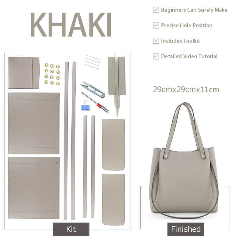 Zip - Top Tote Bag DIY Kit – Babylon Leather - Babylon LeatherBabylon LeatherSY14 - Khaki - Leather Handle - Color - Matched