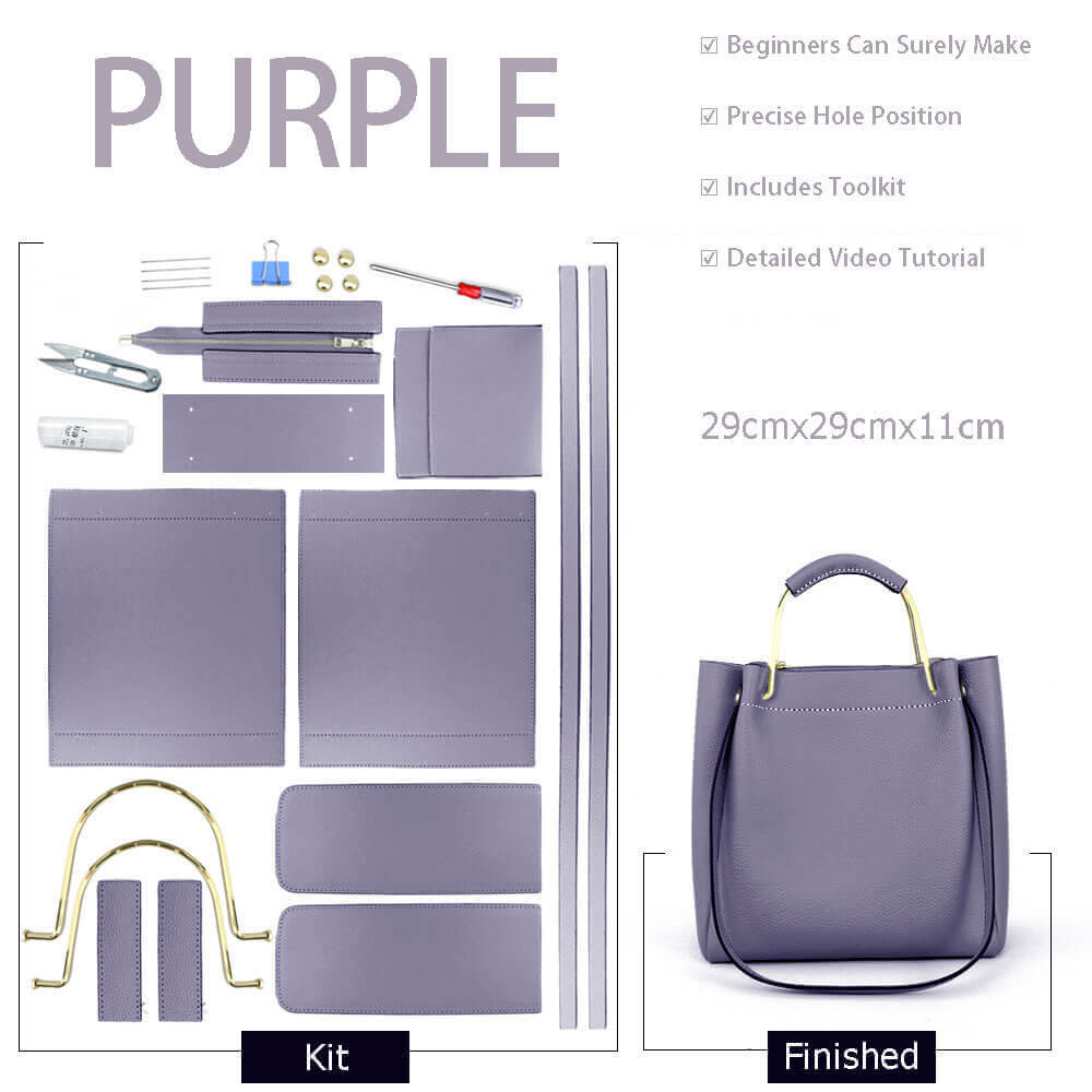 Zip - Top Tote Bag DIY Kit – Babylon Leather - Babylon LeatherBabylon LeatherSY14 - Purple - Metal Handle - White