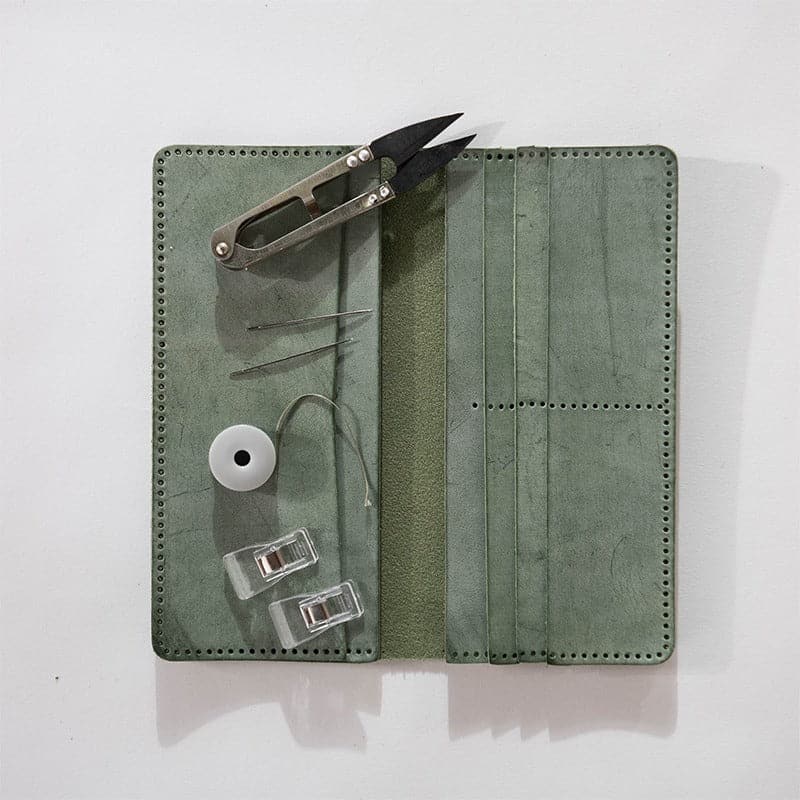 DIY Corter Summer Wallet Leather Kit, Olive Leather, Green Thread